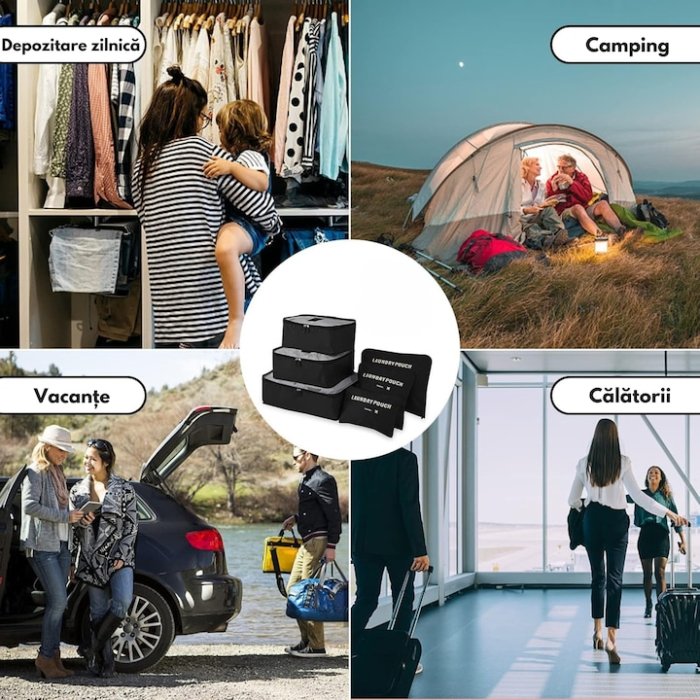 Set 6 organizatoare pentru calatorie VarioShop®, diferite dimensiuni, manere pentru transport, plaibile, versatile, fermoare durabile, tesatura/plasa, Negru [3]