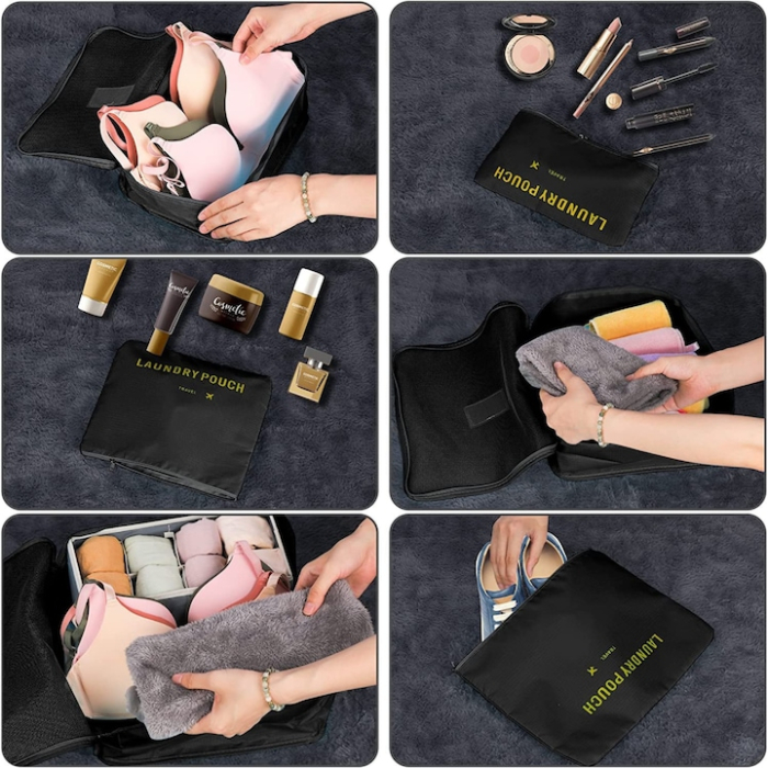 Set 6 organizatoare pentru calatorie VarioShop®, diferite dimensiuni, manere pentru transport, plaibile, versatile, fermoare durabile, tesatura/plasa, Negru [7]