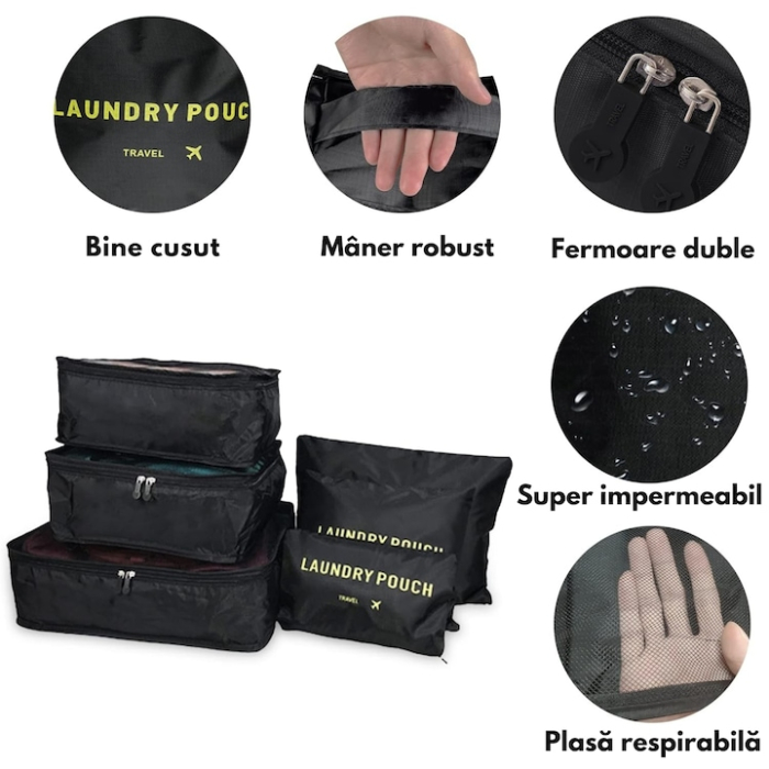 Set 6 organizatoare pentru calatorie VarioShop®, diferite dimensiuni, manere pentru transport, plaibile, versatile, fermoare durabile, tesatura/plasa, Negru [2]