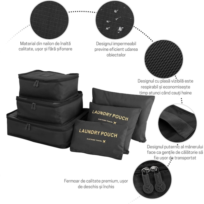 Set 6 organizatoare pentru calatorie VarioShop®, diferite dimensiuni, manere pentru transport, plaibile, versatile, fermoare durabile, tesatura/plasa, Negru [4]