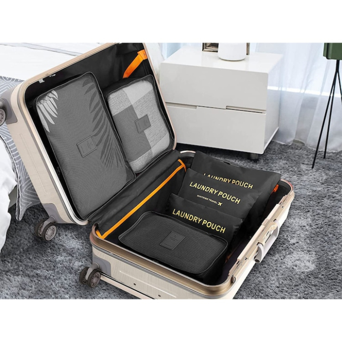 Set 6 organizatoare pentru calatorie VarioShop®, diferite dimensiuni, manere pentru transport, plaibile, versatile, fermoare durabile, tesatura/plasa, Negru [6]