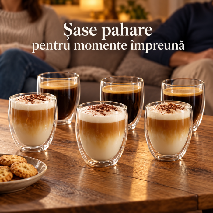 Set 6 pahare termoizolante VarioShop, pentru cafea, ceai si bauturi reci, perete dublu, fara maner, sticla borosilicata, 350 ml, transparente [8]