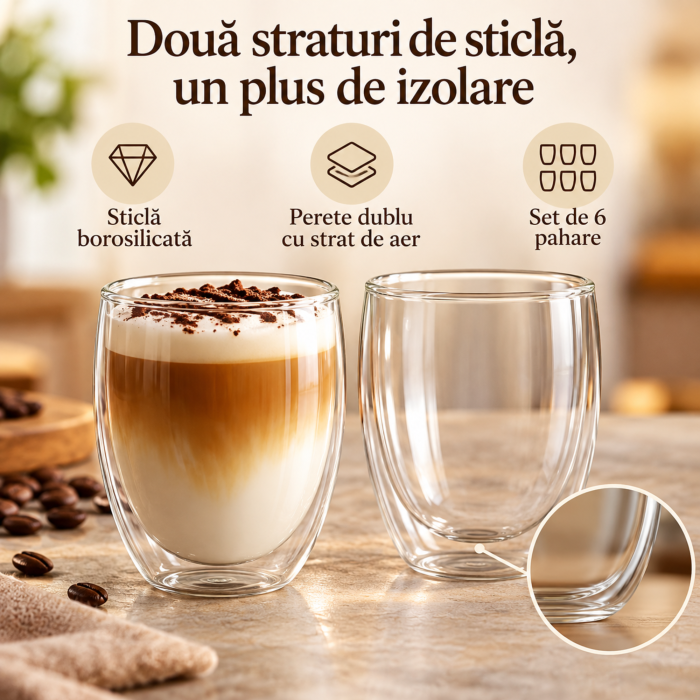 Set 6 pahare termoizolante VarioShop, pentru cafea, ceai si bauturi reci, perete dublu, fara maner, sticla borosilicata, 350 ml, transparente [3]