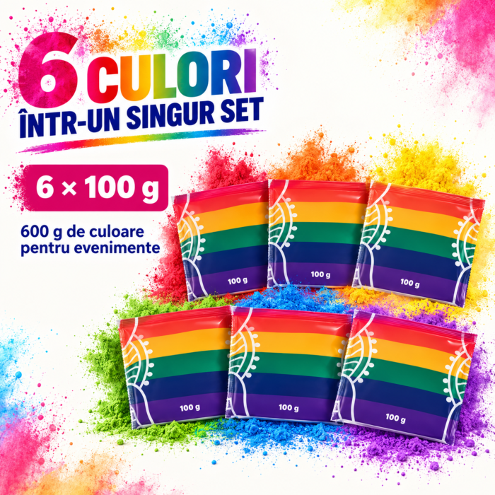 Set 6 pudre/prafuri colorate VarioShop® pentru petreceri, evenimente si sedinte foto, amidon de porumb si coloranti alimentari, 6 culori, 6 × 100 g, multicolor [2]