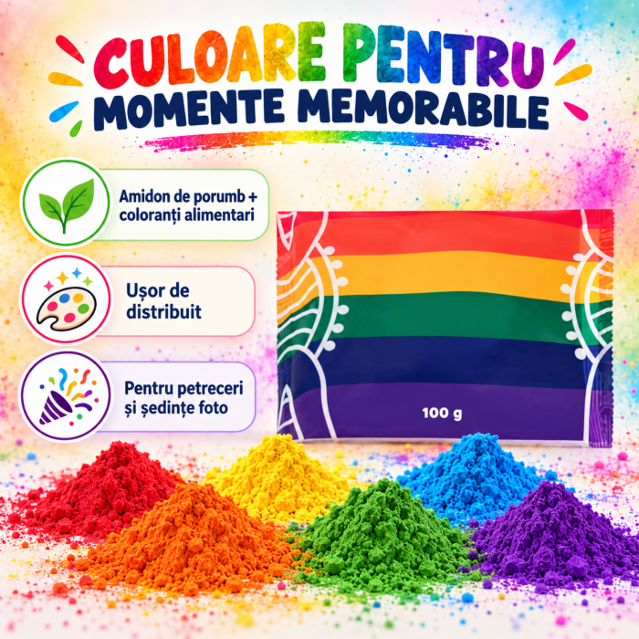 Set 6 pudre/prafuri colorate VarioShop® pentru petreceri, evenimente si sedinte foto, amidon de porumb si coloranti alimentari, 6 culori, 6 × 100 g, multicolor [3]