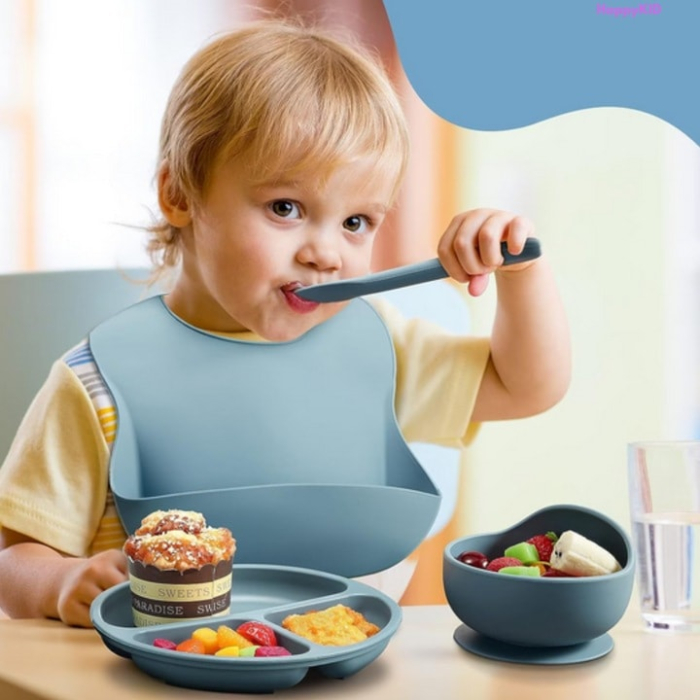 Set 7 piese hranire bebelusi si copii VarioShop ®, set de diversificare din silicon fara BPA, fara alergeni, bol, cana, lingurita, furculita, bavetica, Albastru [7]