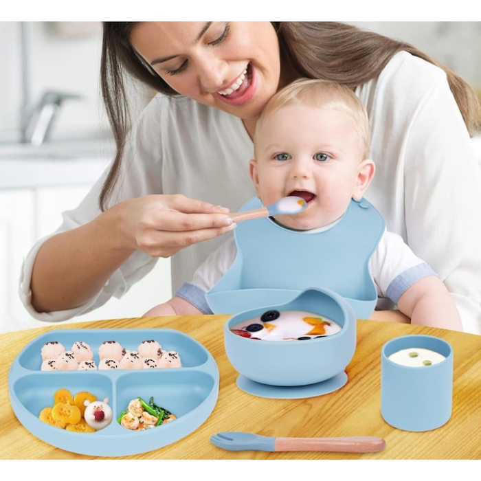 Set 7 piese hranire bebelusi si copii VarioShop ®, set de diversificare din silicon fara BPA, fara alergeni, bol, cana, lingurita, furculita, bavetica, Albastru [5]