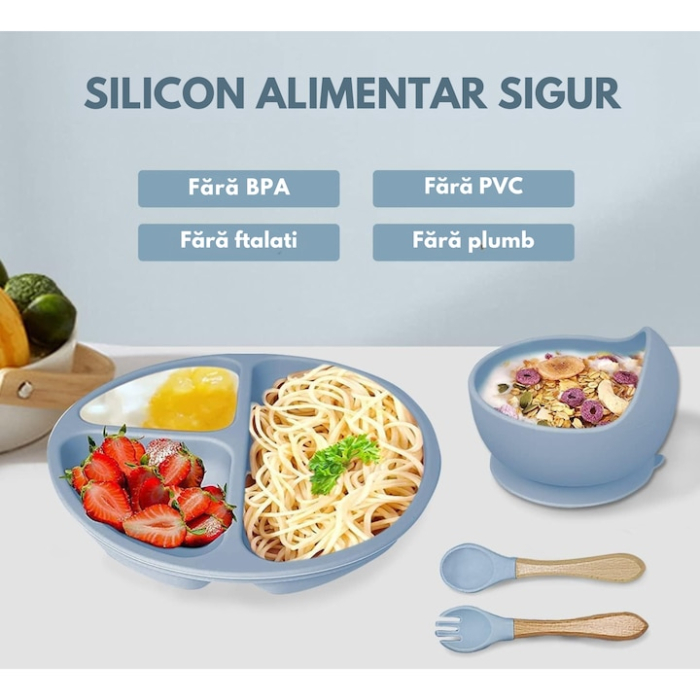 Set 7 piese hranire bebelusi si copii VarioShop ®, set de diversificare din silicon fara BPA, fara alergeni, bol, cana, lingurita, furculita, bavetica, Albastru [3]