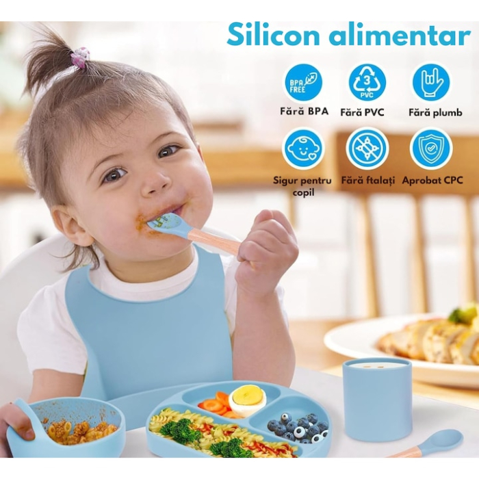 Set 7 piese hranire bebelusi si copii VarioShop ®, set de diversificare din silicon fara BPA, fara alergeni, bol, cana, lingurita, furculita, bavetica, Albastru [4]