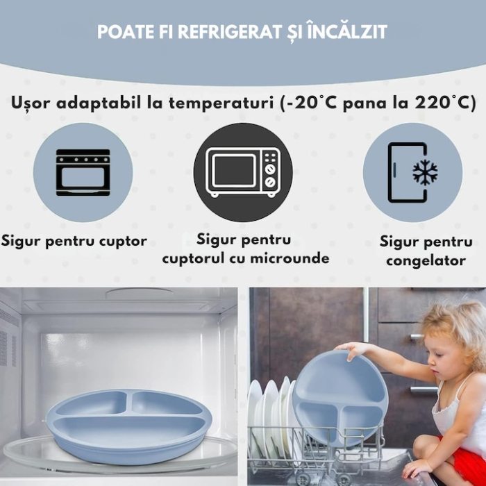 Set 7 piese hranire bebelusi si copii VarioShop ®, set de diversificare din silicon fara BPA, fara alergeni, bol, cana, lingurita, furculita, bavetica, Albastru [2]