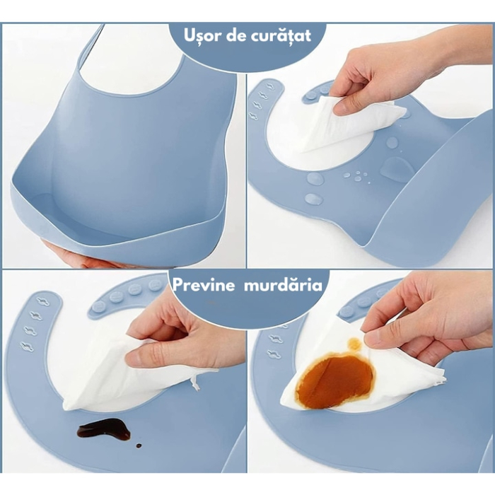 Set 7 piese hranire bebelusi si copii VarioShop ®, set de diversificare din silicon fara BPA, fara alergeni, bol, cana, lingurita, furculita, bavetica, Albastru [6]