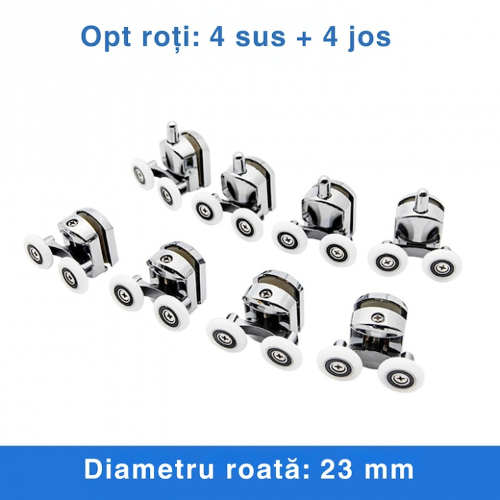 Set 8 roti duble pentru cabina de dus VarioShop®, universale, rulmenti tip easy move, opritori inclusi, diametru 23 mm, Alb [8]
