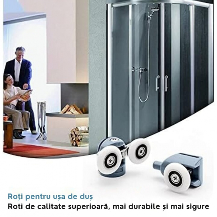 Set 8 roti duble pentru cabina de dus VarioShop®, universale, rulmenti tip easy move, opritori inclusi, diametru 24 mm, Gri [2]