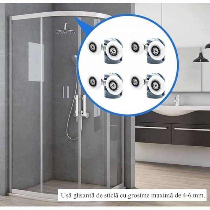 Set 8 roti duble pentru cabina de dus VarioShop®, universale, rulmenti tip easy move, opritori inclusi, diametru 24 mm, Gri [6]
