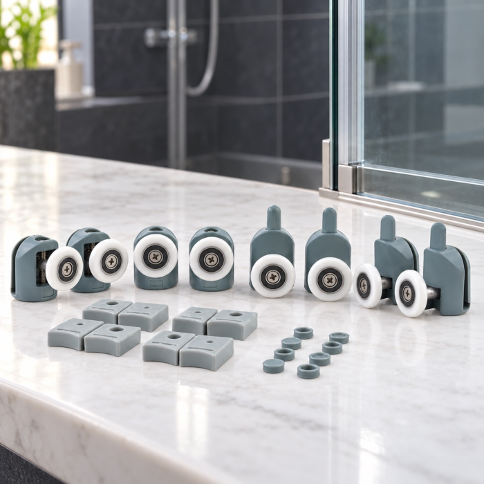 Set 8 roti pentru cabina de dus VarioShop®, 4 superioare reglabile si 4 inferioare detasabile, cu rulmenti, pentru sticla de 4–6 mm, capace si opritoare incluse [8]