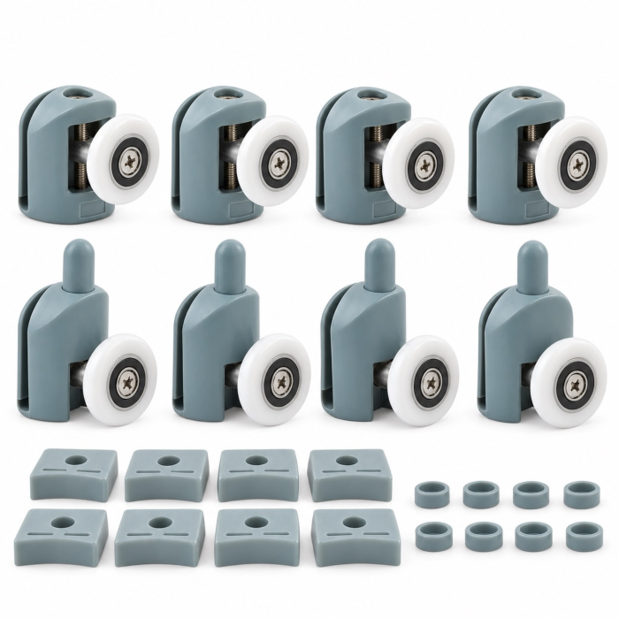 Set 8 roti pentru cabina de dus VarioShop®, 4 superioare reglabile si 4 inferioare detasabile, cu rulmenti, pentru sticla de 4–6 mm, capace si opritoare incluse [9]