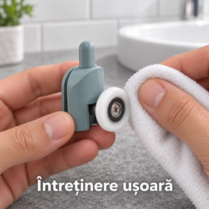 Set 8 roti pentru cabina de dus VarioShop®, 4 superioare reglabile si 4 inferioare detasabile, cu rulmenti, pentru sticla de 4–6 mm, capace si opritoare incluse [5]