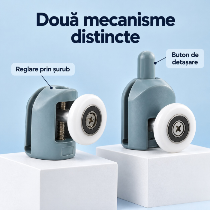 Set 8 roti pentru cabina de dus VarioShop®, 4 superioare reglabile si 4 inferioare detasabile, cu rulmenti, pentru sticla de 4–6 mm, capace si opritoare incluse [3]