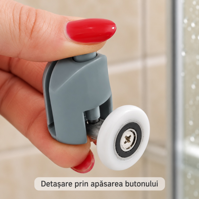 Set 8 roti pentru cabina de dus VarioShop®, 4 superioare reglabile si 4 inferioare detasabile, cu rulmenti, pentru sticla de 4–6 mm, capace si opritoare incluse [6]