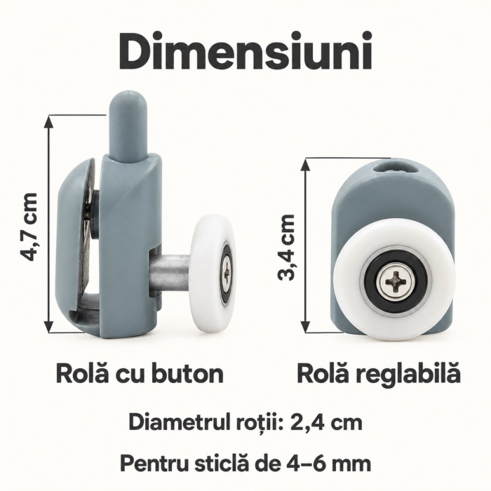 Set 8 roti pentru cabina de dus VarioShop®, 4 superioare reglabile si 4 inferioare detasabile, cu rulmenti, pentru sticla de 4–6 mm, capace si opritoare incluse [2]