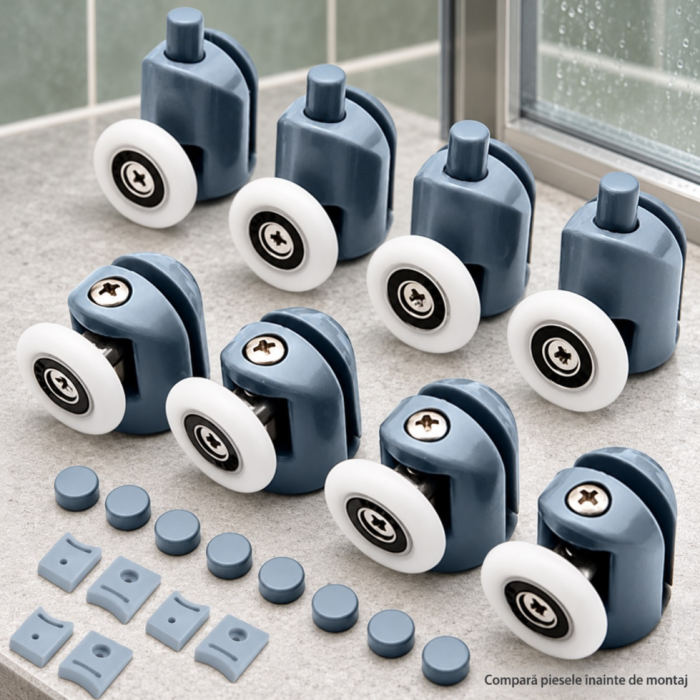 Set 8 roti pentru cabina de dus VarioShop®, 4 superioare reglabile si 4 inferioare detasabile, cu rulmenti, pentru sticla de 4–6 mm, capace si opritoare incluse [7]