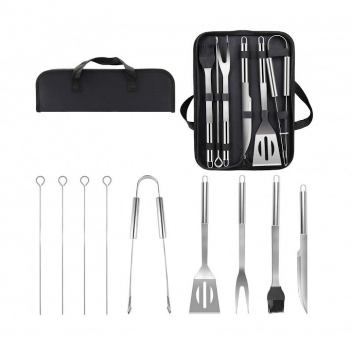 Set 9 Ustensile pentru Gratar VarioShop®, Otel Inoxidabil de Calitate Superioara, Geanta De Transport, Argintiu [13]