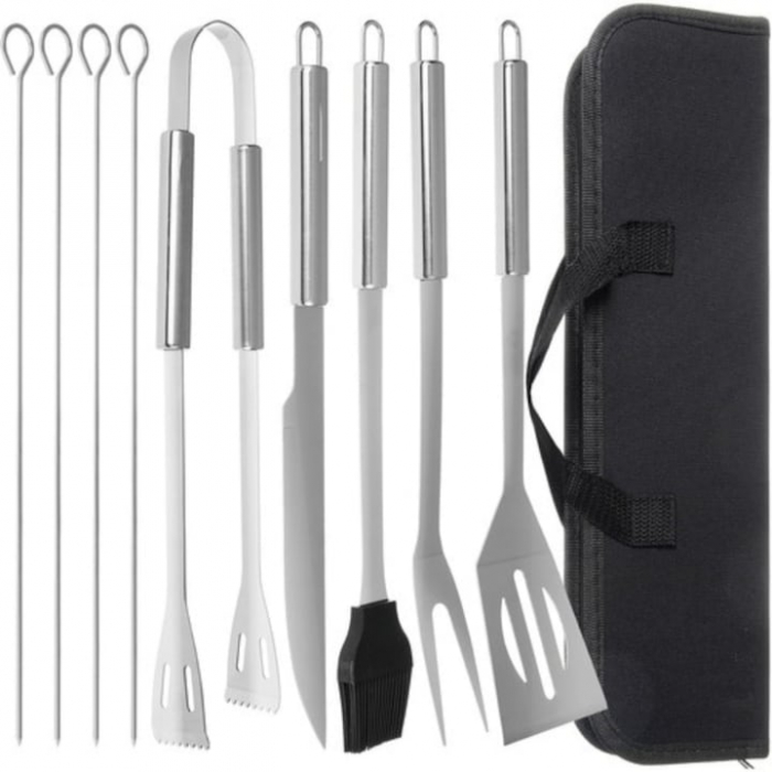 Set 9 Ustensile pentru Gratar VarioShop®, Otel Inoxidabil de Calitate Superioara, Geanta De Transport, Argintiu [12]