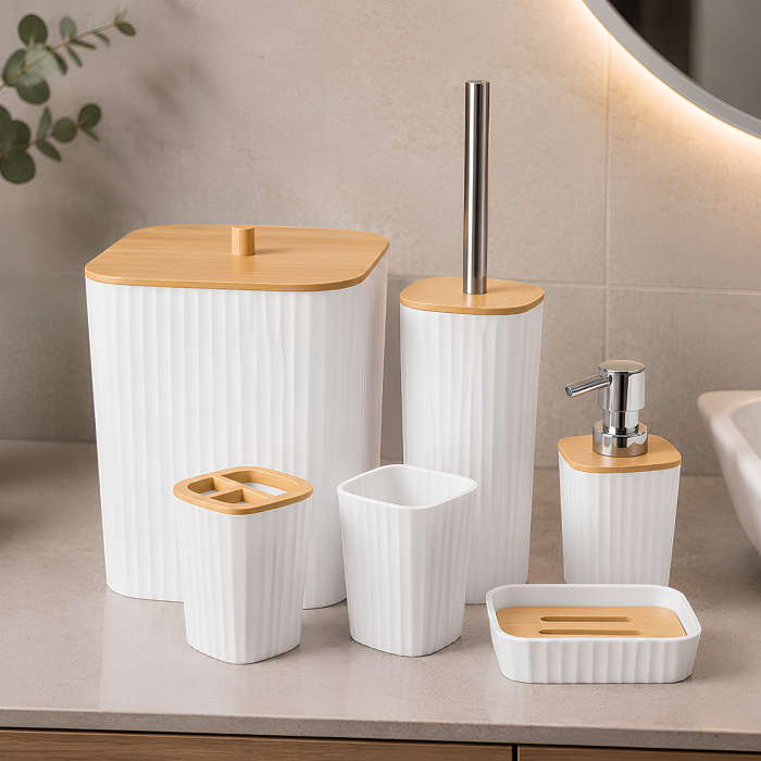 Set accesorii baie 6 piese VarioShop®, pentru organizare baie, cos gunoi, dozator sapun, pahar apa de gura, suport periute, sapuniera si perie WC, alb [3]