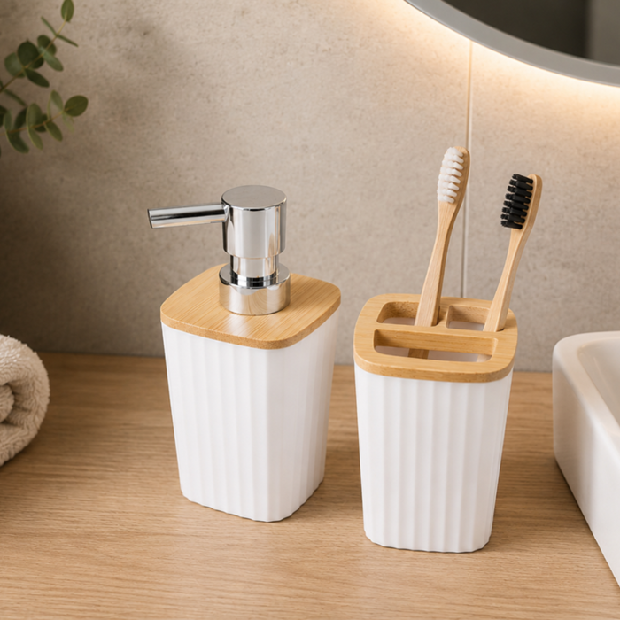 Set accesorii baie 6 piese VarioShop®, pentru organizare baie, cos gunoi, dozator sapun, pahar apa de gura, suport periute, sapuniera si perie WC, alb [6]