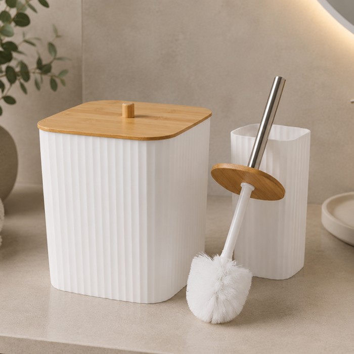Set accesorii baie 6 piese VarioShop®, pentru organizare baie, cos gunoi, dozator sapun, pahar apa de gura, suport periute, sapuniera si perie WC, alb [5]