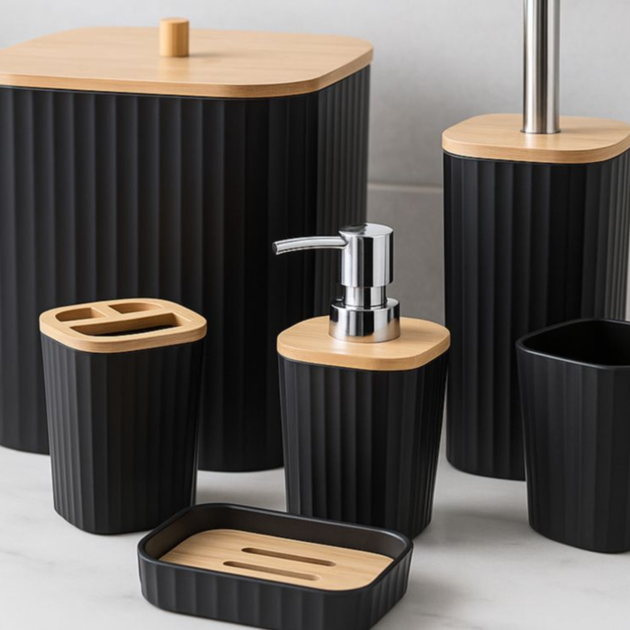 Set accesorii baie 6 piese VarioShop®, pentru organizare baie, cos gunoi, dozator sapun, pahar apa de gura, suport periute, sapuniera si perie WC, negru [3]