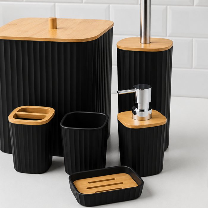 Set accesorii baie 6 piese VarioShop®, pentru organizare baie, cos gunoi, dozator sapun, pahar apa de gura, suport periute, sapuniera si perie WC, negru [7]