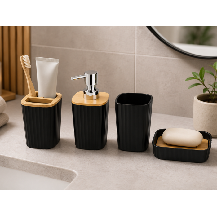 Set accesorii baie 6 piese VarioShop®, pentru organizare baie, cos gunoi, dozator sapun, pahar apa de gura, suport periute, sapuniera si perie WC, negru [2]