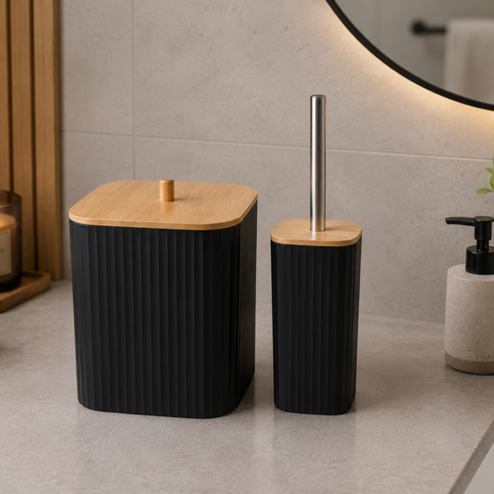 Set accesorii baie 6 piese VarioShop®, pentru organizare baie, cos gunoi, dozator sapun, pahar apa de gura, suport periute, sapuniera si perie WC, negru [5]
