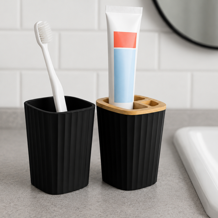 Set accesorii baie 6 piese VarioShop®, pentru organizare baie, cos gunoi, dozator sapun, pahar apa de gura, suport periute, sapuniera si perie WC, negru [6]