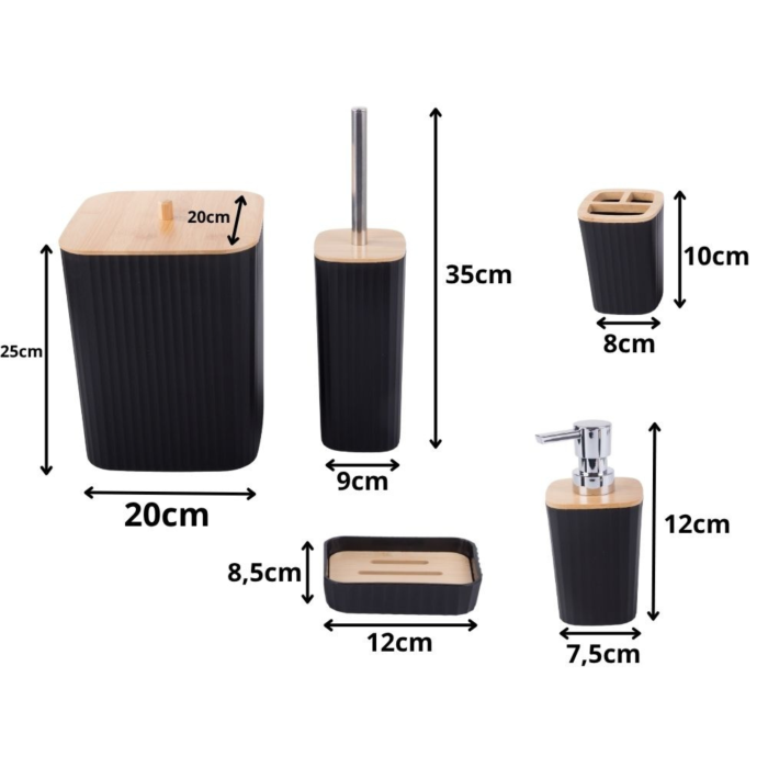 Set accesorii baie 6 piese VarioShop®, pentru organizare baie, cos gunoi, dozator sapun, pahar apa de gura, suport periute, sapuniera si perie WC, negru [4]