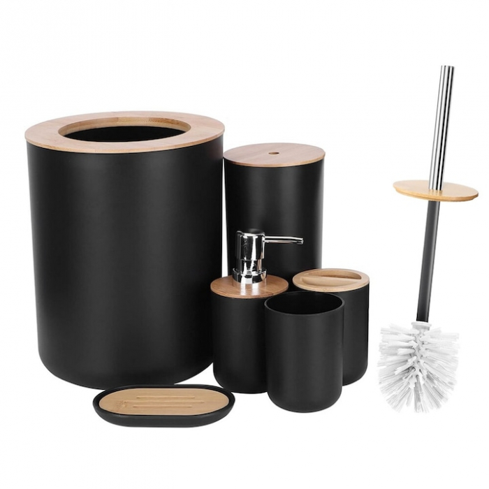 Set Accesorii Baie VarioShop®, 6 Piese: Cos de gunoi, Dozator de sapun lichid, Pahar pentru periuta de dinti, Sapuniera, Perie WC cu suport, Pahar, Material plastic si bambus, Culoare negru [19]