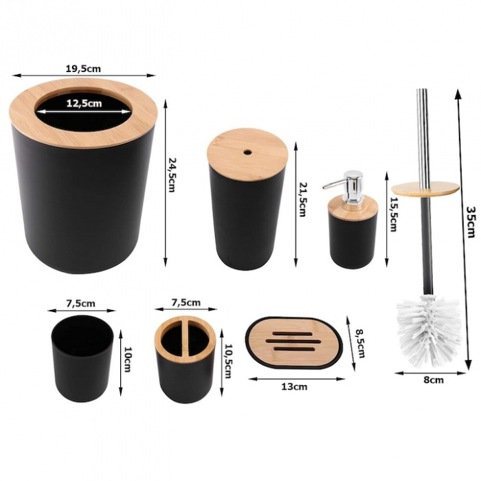 Set Accesorii Baie VarioShop®, 6 Piese: Cos de gunoi, Dozator de sapun lichid, Pahar pentru periuta de dinti, Sapuniera, Perie WC cu suport, Pahar, Material plastic si bambus, Culoare negru [2]