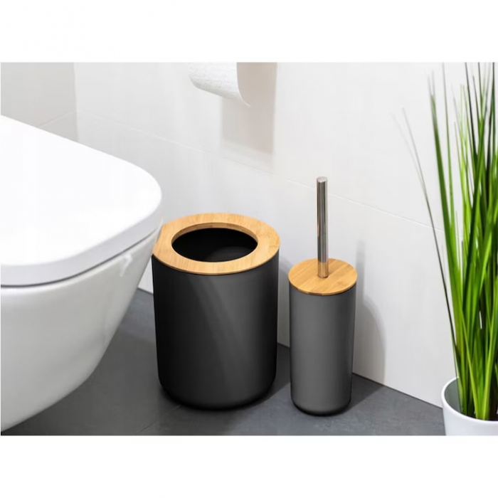 Set Accesorii Baie VarioShop®, 6 Piese: Cos de gunoi, Dozator de sapun lichid, Pahar pentru periuta de dinti, Sapuniera, Perie WC cu suport, Pahar, Material plastic si bambus, Culoare negru [20]