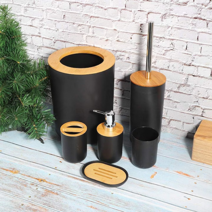 Set Accesorii Baie VarioShop®, 6 Piese: Cos de gunoi, Dozator de sapun lichid, Pahar pentru periuta de dinti, Sapuniera, Perie WC cu suport, Pahar, Material plastic si bambus, Culoare negru [30]