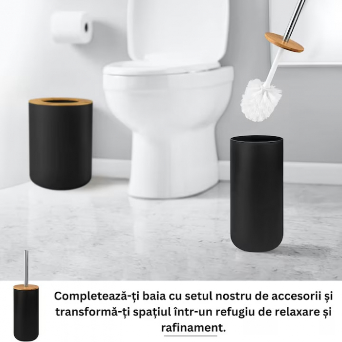 Set Accesorii Baie VarioShop®, 6 Piese: Cos de gunoi, Dozator de sapun lichid, Pahar pentru periuta de dinti, Sapuniera, Perie WC cu suport, Pahar, Material plastic si bambus, Culoare negru [21]