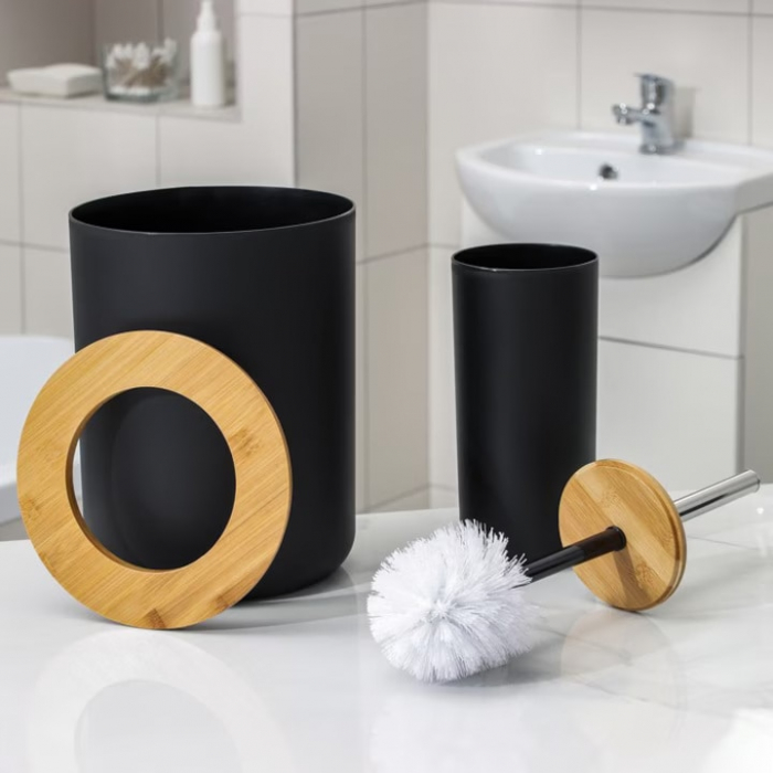 Set Accesorii Baie VarioShop®, 6 Piese: Cos de gunoi, Dozator de sapun lichid, Pahar pentru periuta de dinti, Sapuniera, Perie WC cu suport, Pahar, Material plastic si bambus, Culoare negru [24]