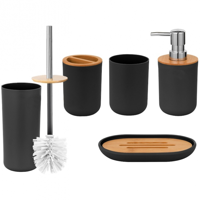 Set Accesorii Baie VarioShop®, 6 Piese: Cos de gunoi, Dozator de sapun lichid, Pahar pentru periuta de dinti, Sapuniera, Perie WC cu suport, Pahar, Material plastic si bambus, Culoare negru [14]
