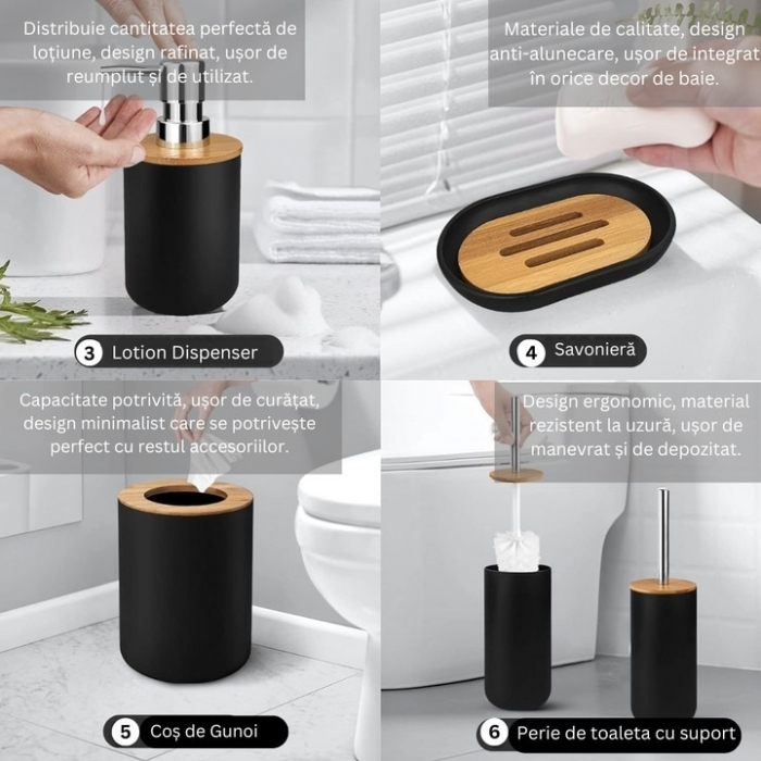 Set Accesorii Baie VarioShop®, 6 Piese: Cos de gunoi, Dozator de sapun lichid, Pahar pentru periuta de dinti, Sapuniera, Perie WC cu suport, Pahar, Material plastic si bambus, Culoare negru [23]