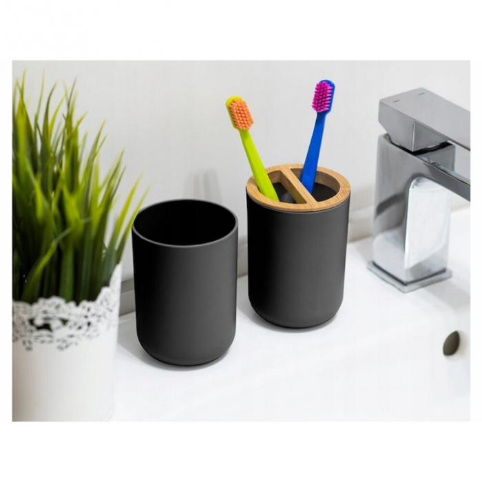 Set Accesorii Baie VarioShop®, 6 Piese: Cos de gunoi, Dozator de sapun lichid, Pahar pentru periuta de dinti, Sapuniera, Perie WC cu suport, Pahar, Material plastic si bambus, Culoare negru [18]