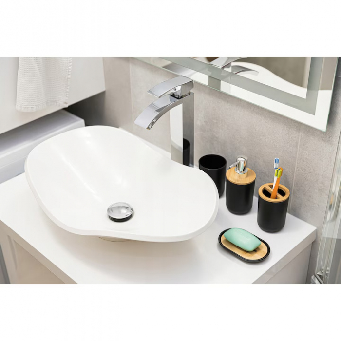 Set Accesorii Baie VarioShop®, 6 Piese: Cos de gunoi, Dozator de sapun lichid, Pahar pentru periuta de dinti, Sapuniera, Perie WC cu suport, Pahar, Material plastic si bambus, Culoare negru [29]