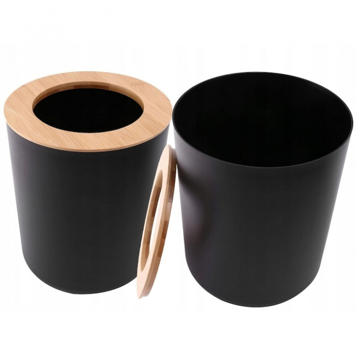 Set Accesorii Baie VarioShop®, 6 Piese: Cos de gunoi, Dozator de sapun lichid, Pahar pentru periuta de dinti, Sapuniera, Perie WC cu suport, Pahar, Material plastic si bambus, Culoare negru [16]