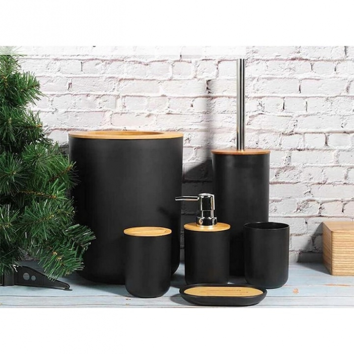 Set Accesorii Baie VarioShop®, 6 Piese: Cos de gunoi, Dozator de sapun lichid, Pahar pentru periuta de dinti, Sapuniera, Perie WC cu suport, Pahar, Material plastic si bambus, Culoare negru [10]