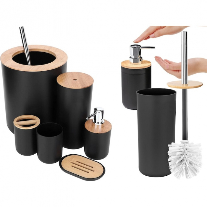 Set Accesorii Baie VarioShop®, 6 Piese: Cos de gunoi, Dozator de sapun lichid, Pahar pentru periuta de dinti, Sapuniera, Perie WC cu suport, Pahar, Material plastic si bambus, Culoare negru [13]