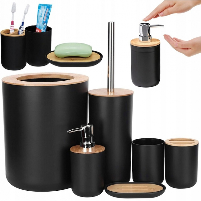 Set Accesorii Baie VarioShop®, 6 Piese: Cos de gunoi, Dozator de sapun lichid, Pahar pentru periuta de dinti, Sapuniera, Perie WC cu suport, Pahar, Material plastic si bambus, Culoare negru [12]